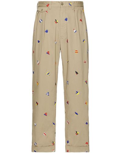 Beams Plus 2 Pleats Pants Embroidery On Print - Natural