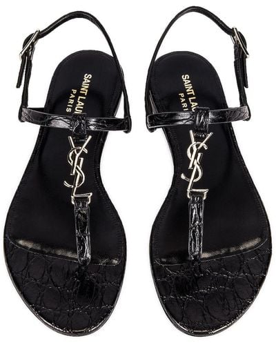 Saint Laurent Cassandra Embossed Croc Flat Sandals - Black