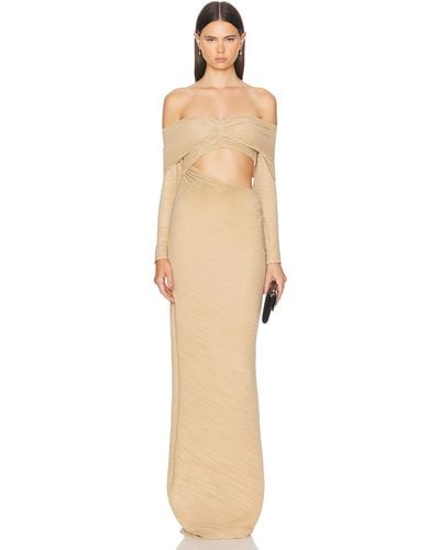 Atlein Off The Shoulder Pleated Gown - Natural