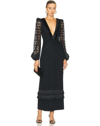 PATBO Crochet Plunge Fringe Trim Maxi Dress - Black