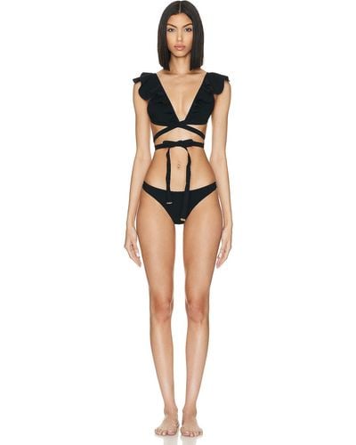 Zimmermann Halcyon Wrap Ruffle Bikini Set In - Black