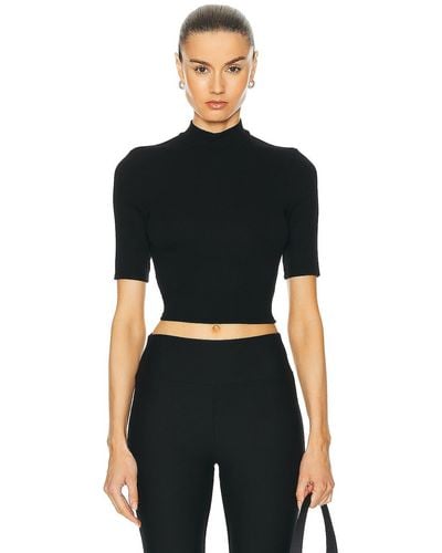 Enza Costa Silk Rib Cropped Half Sleeve Mock Neck Top - Black