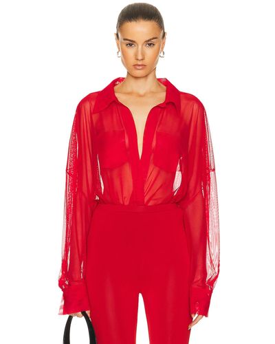 Norma Kamali Super Oversized Boyfriend Shirt Bodysuit - Red