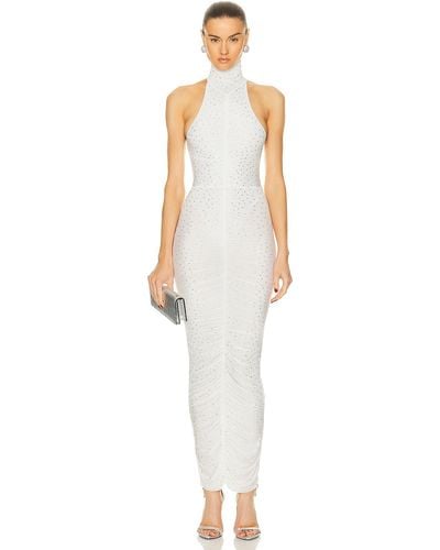 Alex Perry Crystal Turtleneck Ruched Column Dress - White