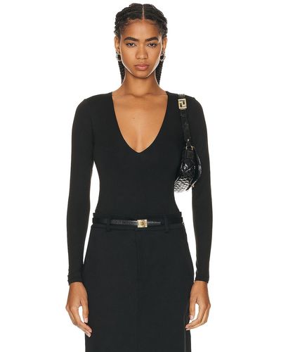 Enza Costa For Fwrd Luxe Knit Long Sleeve V Neck Bodysuit - Black