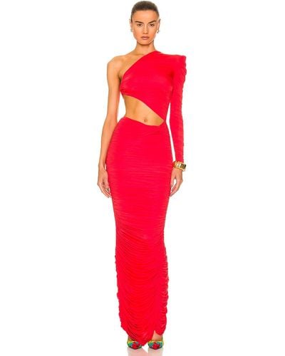 Alex Perry Channing Ruched One Shoulder Knot Column Dress - Red