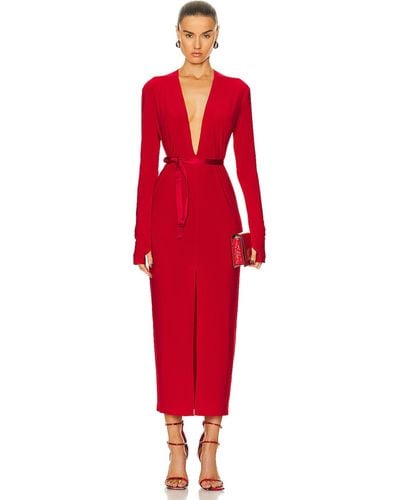 Norma Kamali Long Sleeve Deep V Neck Center Front Slit Gown - Red