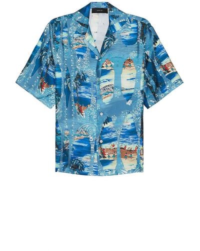 Amiri Bleach Bandana Island Print Bowling Shirt - Blue