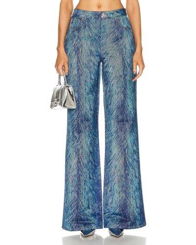 Area Embroidered Crystal Button Faux Fur Printed Flare - Blue