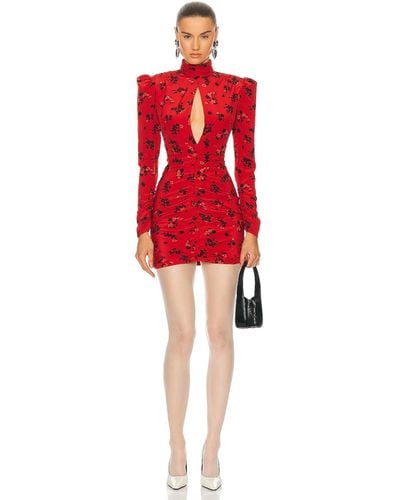 Alessandra Rich Rose Print Silk High Neck Draped Mini Dress - Red