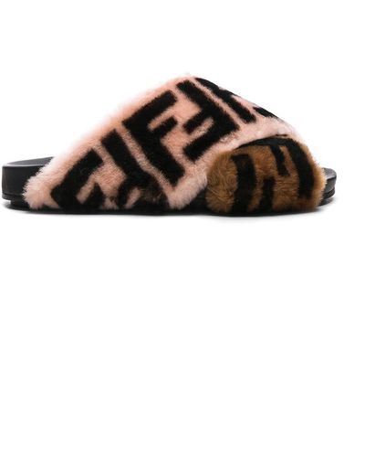 Fendi Logo Print Shearling Cross Strap Slides - Black