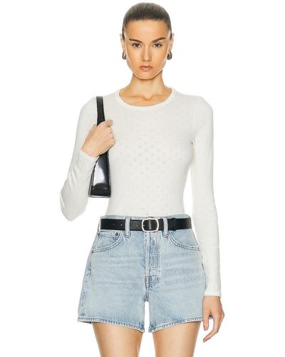 Enza Costa Scallop Edge Pointelle Long Sleeve Crew Top - White