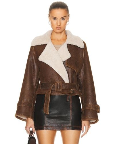Nour Hammour Hatti Shearling Double Breasted Crop Belt Jacket - Brown