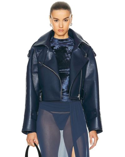 LAPOINTE Bonded Faux Leather Belted Moto Jacket - Blue