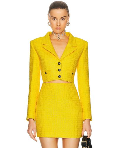Alessandra Rich Checked Tweed Boucle Cropped Boxy Jacket - Yellow