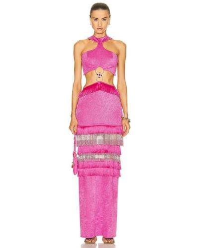 PATBO Halterneck Maxi Dress With Beaded Fringe - Pink