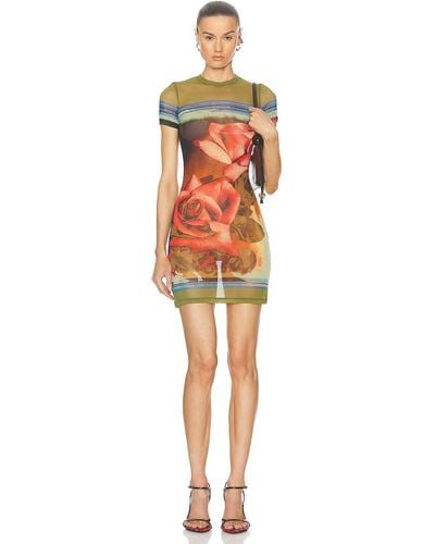 Jean Paul Gaultier Roses-Print Short-Sleeve Mesh Mini Dress - Multicolor
