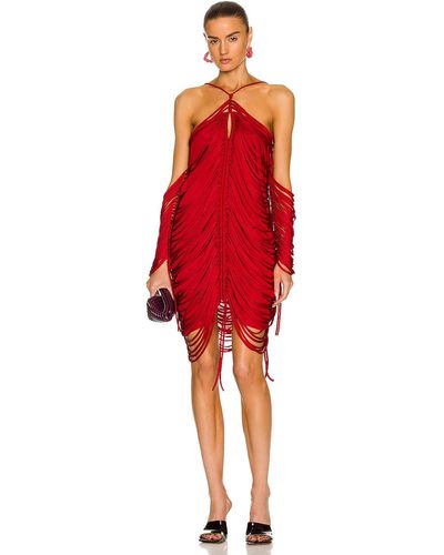 Bottega Veneta Shiny Viscose Fringe Knit Dress - Red