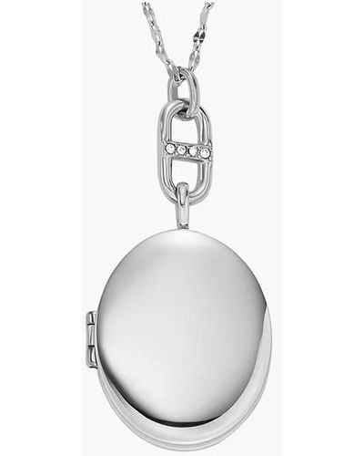 Fossil Stainless Steel Silver Locket Engravable Necklace - White