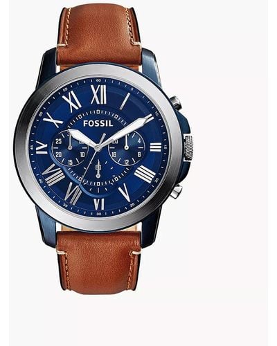 Fossil Grant Quartz Stainless Steel And Leather Chronograph Watch, Color: Blue, Brown (model: Fs5151)