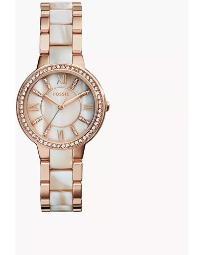 Fossil Virginia Three-hand Day-date Rose Gold-tone And Horn Acetate Stainless Steel Watch - Metallic