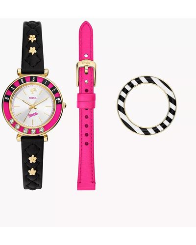 Fossil Barbietm X Limited Edition Three-hand Black Litehidetm Leather Watch And Interchangeable Strap Box Set - Pink