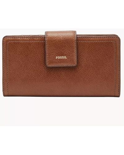 Fossil Logan Faux Leather Wallet Slim Minimalist Zip Card Case With Keychain - Brown