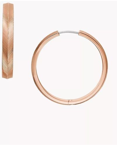 Fossil Harlow Linear Texture Rose Gold-tone Stainless Steel Hoop Earrings - White