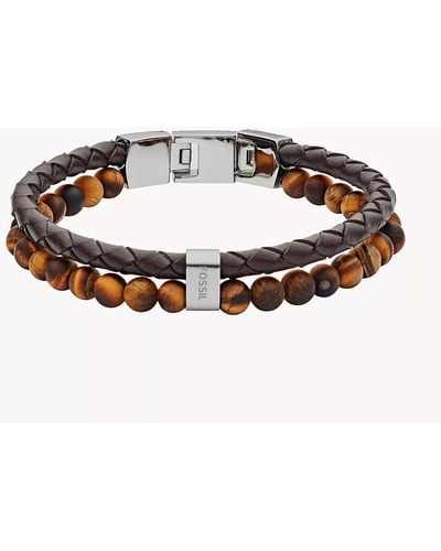 Fossil Tiger's Eye And Brown Leather Bracelet Jewellery Jf03118040