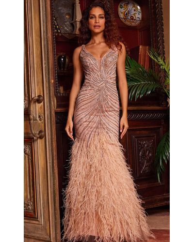 Jovani 24058 Plunging V-neck Feathered Evening Gown - Brown