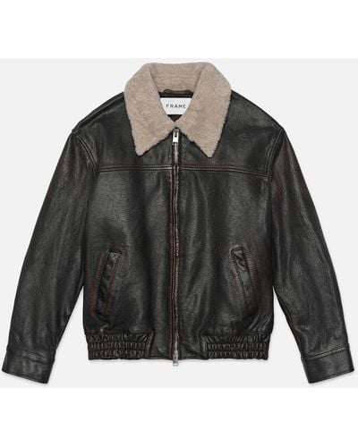 FRAME Shearling Collar Leather Jacket - Black