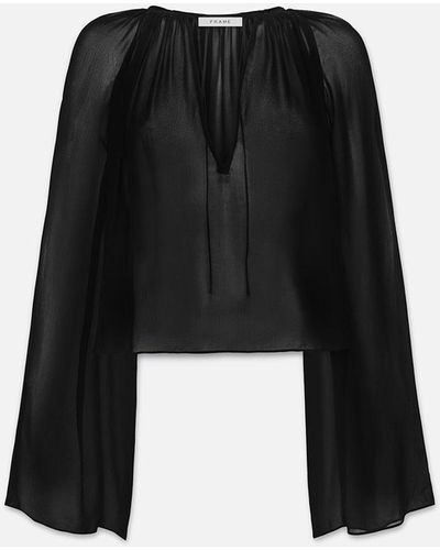 FRAME V-neck Shirred Blouse - Black