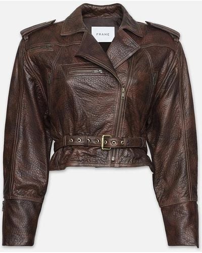 FRAME Strong Shoulder Leather Moto Jacket - Brown