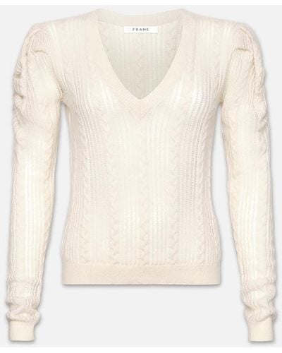 FRAME Pointelle Cashmere Ruched Sweater - White