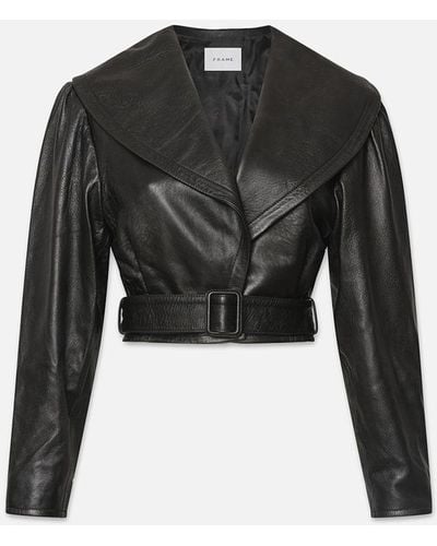 FRAME Cropped Belted Leather Jacket - Black