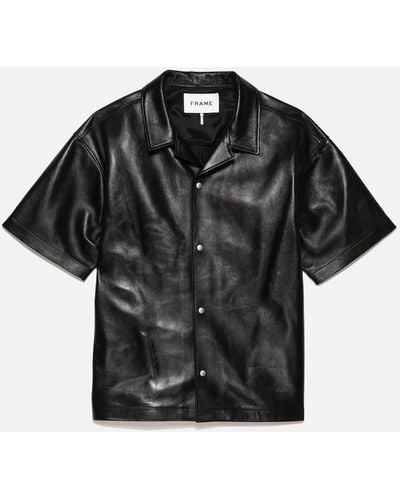 FRAME Short Sleeve Leather Camp Shirt - Black