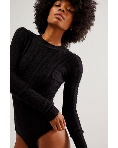 Free People Turnt Bodysuit Black Long Sleeve Deep V Neck XS NWOT $68