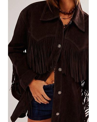 Free People Fringe Out Suede Jacket At Free People In Hot Chocolate, Size: Xs - Black