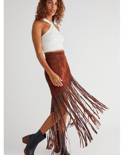 Free People Understated Leather Western Fringe Skirt - Brown