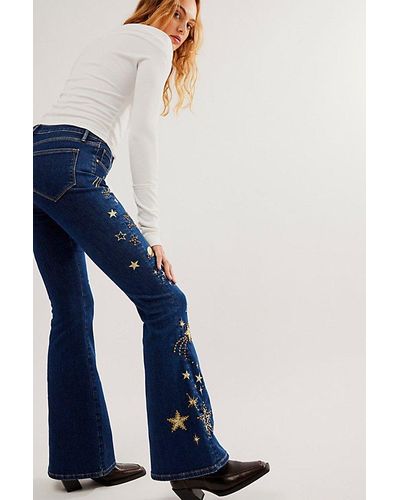 Free People Driftwood Farrah Embroidered Flare Jeans - Blue