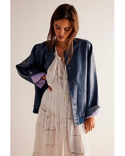 Free People We The Free Wild Rose Vegan Leather Bomber Jacket At In Overboard, Size: Small - Blue