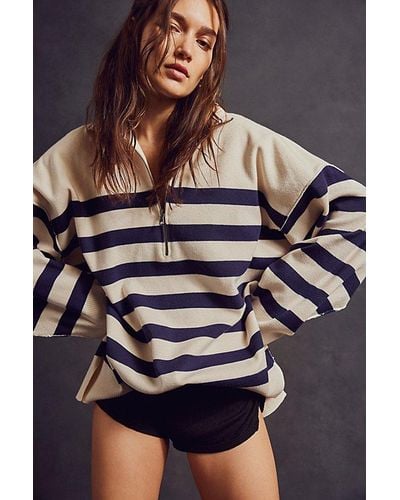 Free People Coastal Stripe Pullover At In Champagne Navy Combo, Size: Large - Blue