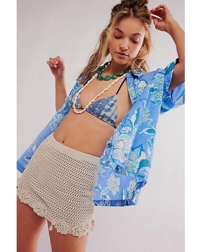 Free People Retro Tropics Palm Linen Top - Blue