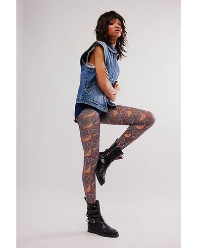 Free People Moden Folk Floral Tights - Blue