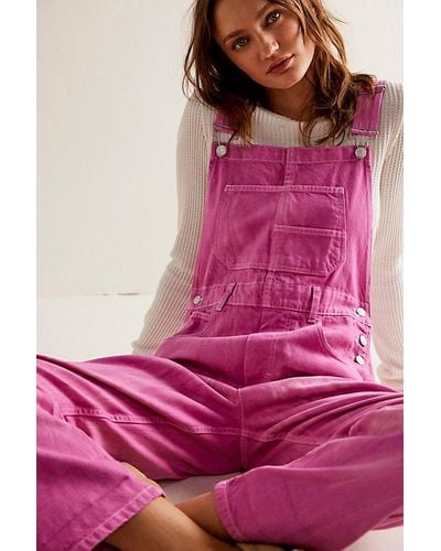 Free People Ziggy Denim Overalls At Free People In Electric Bodysuit, Size: Xl - Pink