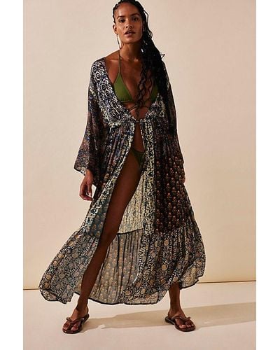 Free People Bombay Mixed Print Kimono At In Navy Combo - Brown