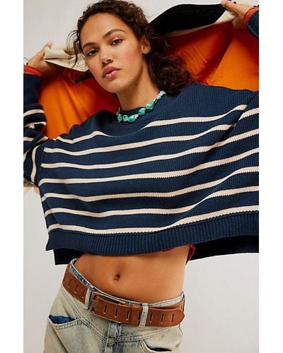 Free People Easy Street Stripe Crop Pullover At In Storm Shell Combo, Size: Xs - Blue