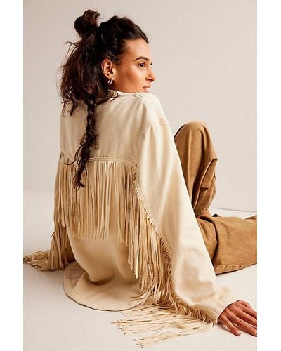 Free People Fringe Out Denim Jacket At In Ecru, Size: Small - Natural