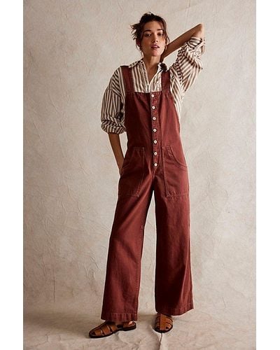 Free People Fields Of Flowers Wide-leg Overalls - Red