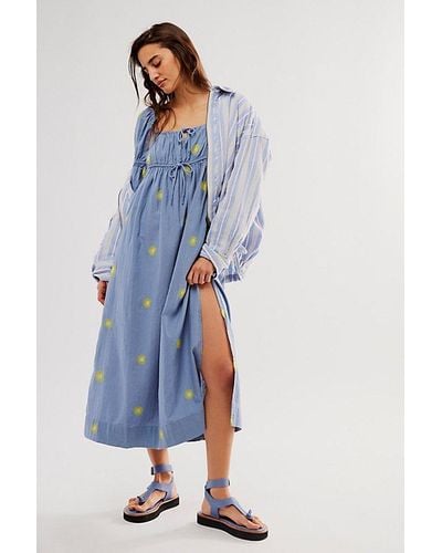 Free People Emory Embroidered Midi Dress - Blue